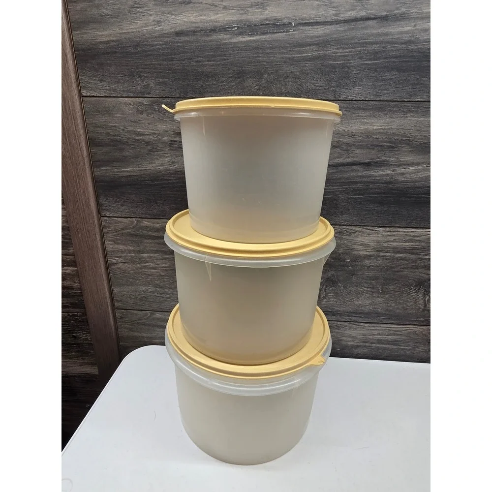 Vintage Tupperware Servalier Canister Set‎ 3 Frosted Clear Harvest Gold Lids 267